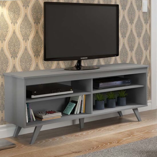 Photo of Viejo wooden tv stand with 4 shelves in grey