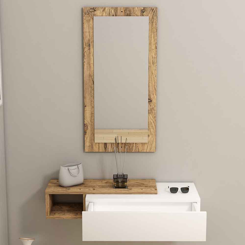 Vien Glass Wall Mirror with Atlantic Pine Wooden Frame and Shelf
