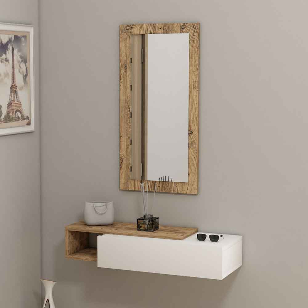 Vien Glass Wall Mirror with Atlantic Pine Wooden Frame and Shelf