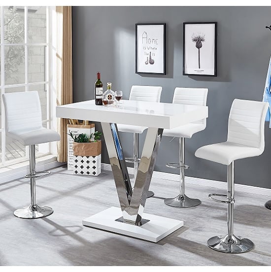 Product photograph of Vienna White High Gloss Bar Table With 4 Ripple White Stools from Furniture in Fashion