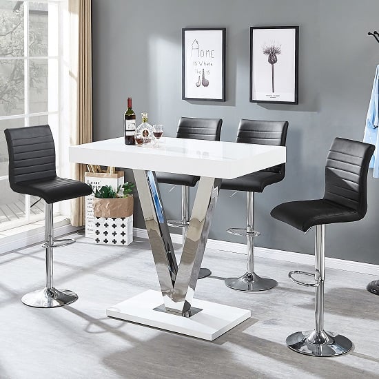 Vienna Bar Table In White Gloss And 4 Ripple Black Bar Stools