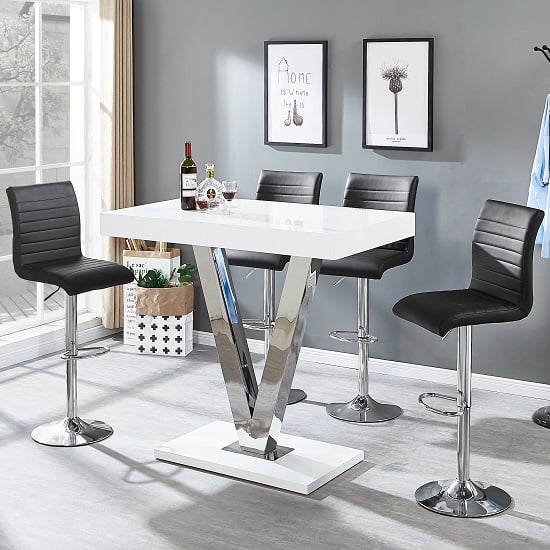 Photo of Vienna white high gloss bar table with 4 ripple black stools