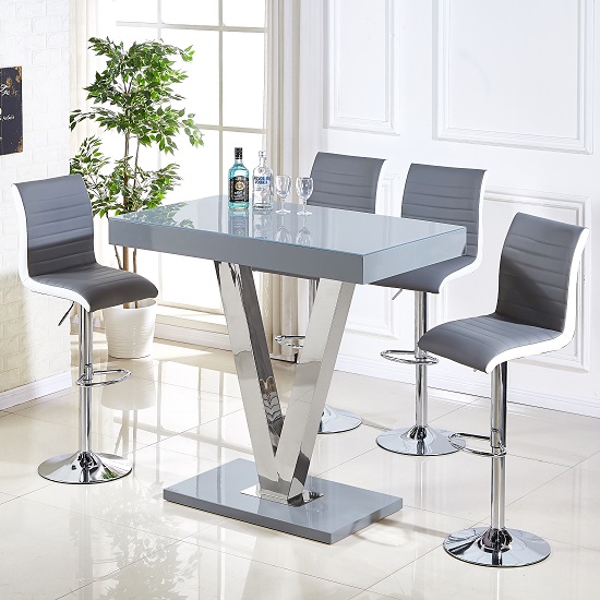 Product photograph of Vienna Grey High Gloss Bar Table 4 Ritz Grey White Stools from Furniture in Fashion