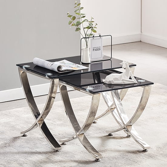 Product photograph of Vienna Black Glass Nest Of 2 Tables With Angular Stainless Legs from Furniture in Fashion