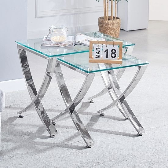 Product photograph of Vienna Clear Glass Nest Of 2 Tables With Angular Chrome Legs from Furniture in Fashion