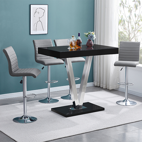 Vienna Black High Gloss Bar Table With 4 Ripple Grey Stools