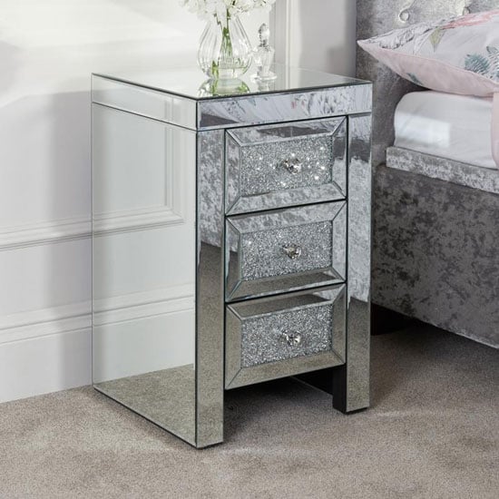 Vienna Glass Bedside Cabinet In Mirrored With 3 Drawers_1