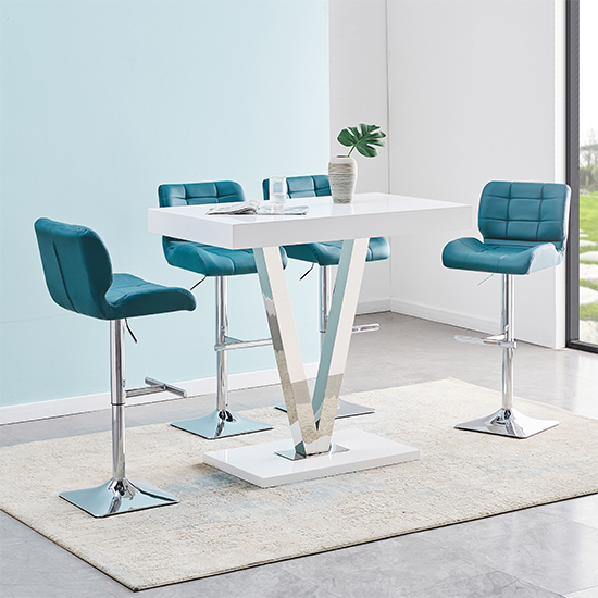 Photo of Vienna white high gloss bar table with 4 candid teal stools