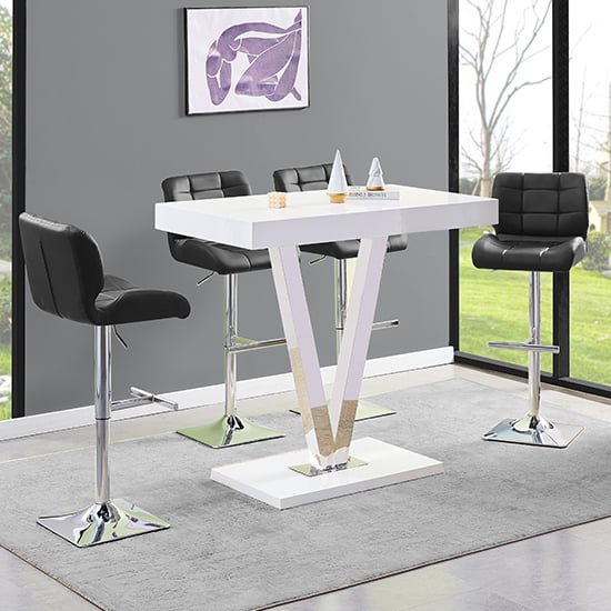 Read more about Vienna white high gloss bar table with 4 candid black stools