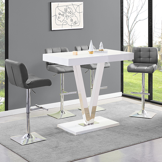 Photo of Vienna white high gloss bar table with 4 candid grey stools