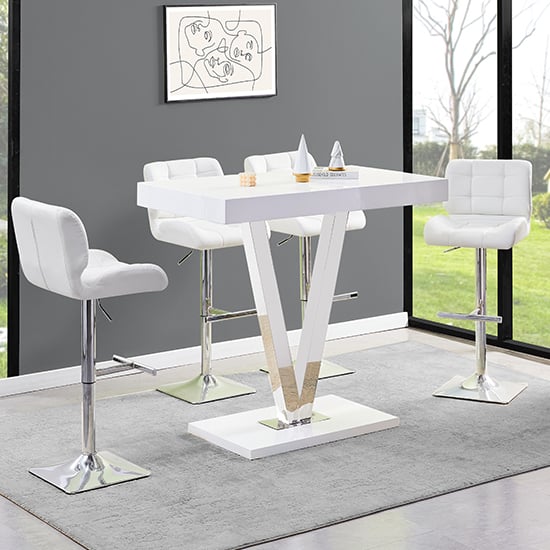 Photo of Vienna white high gloss bar table with 4 candid white stools