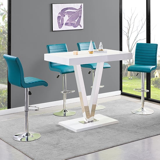 Read more about Vienna white high gloss bar table with 4 ripple teal stools