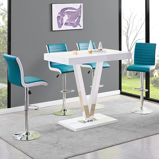 Vienna White High Gloss Bar Table With 4 Ritz Teal White Stools