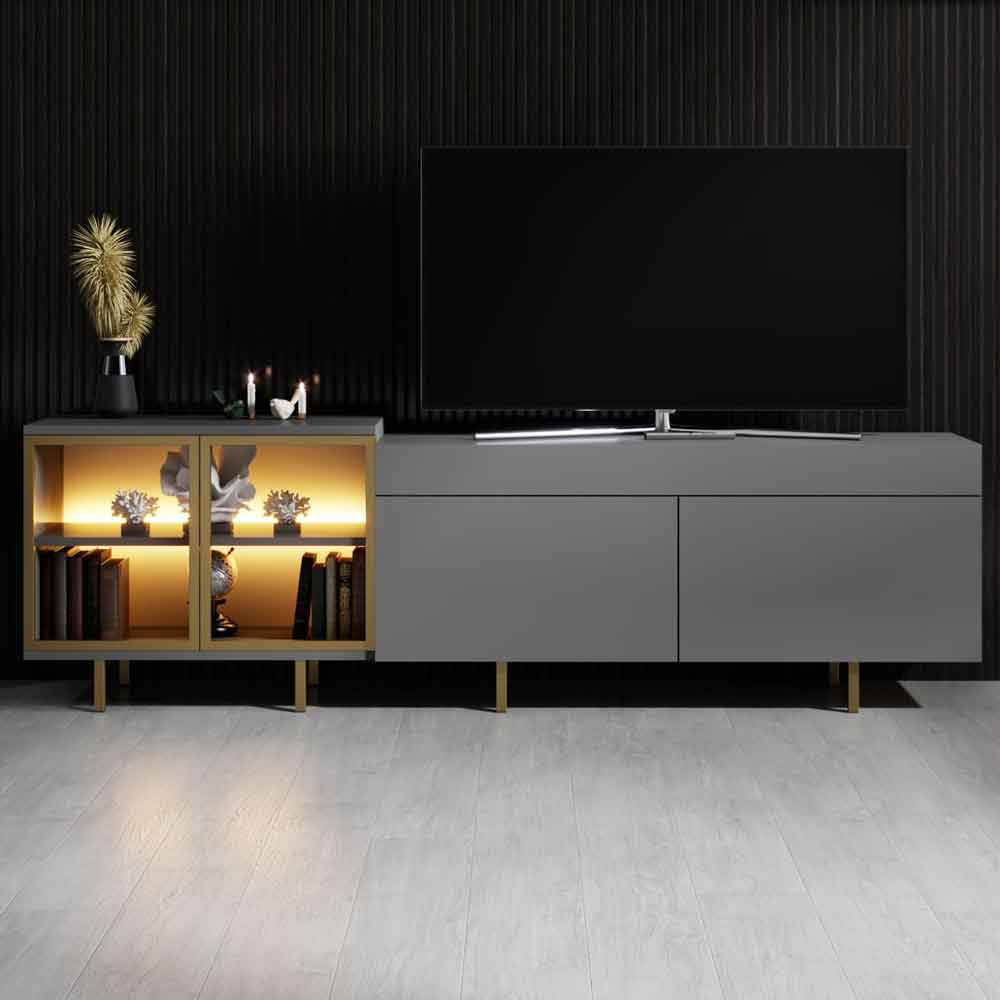 Vienna Wooden LED TV Stand with 2 Doors in Anthracite and Gold