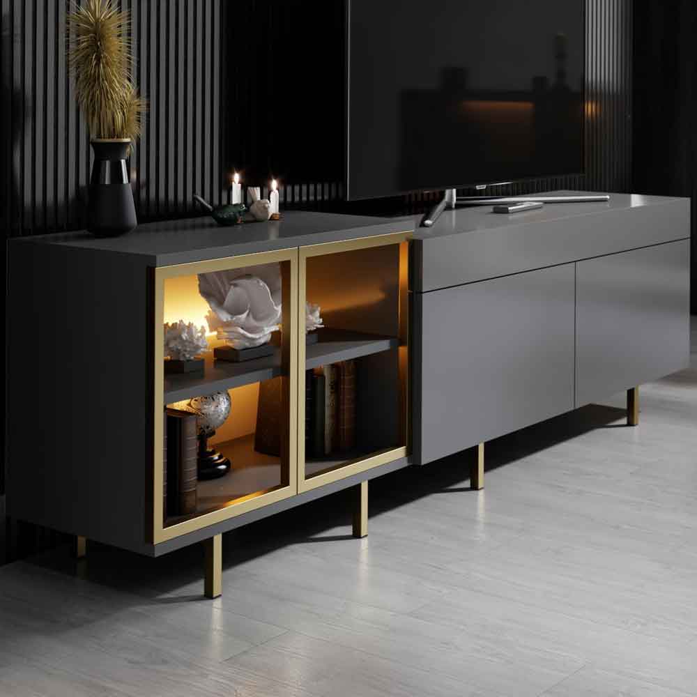 Vienna Wooden LED TV Stand with 2 Doors in Anthracite and Gold