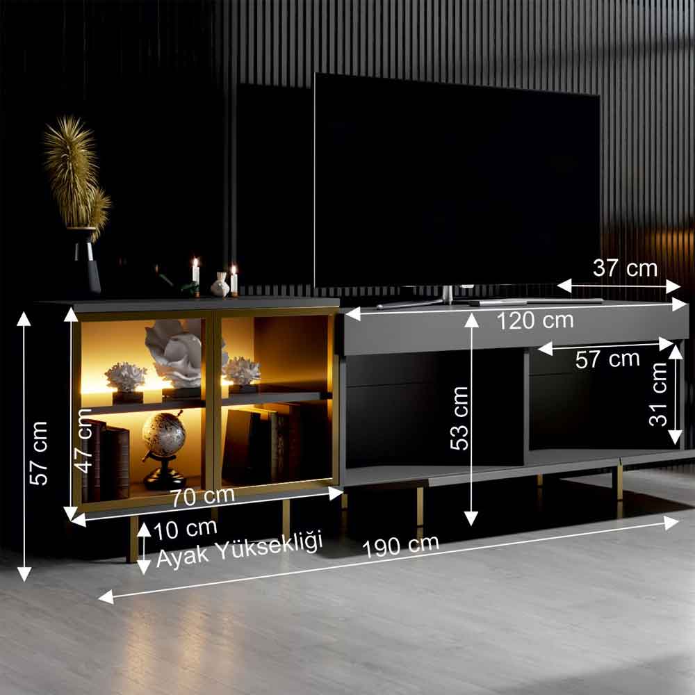 Vienna Wooden LED TV Stand with 2 Doors in Anthracite and Gold