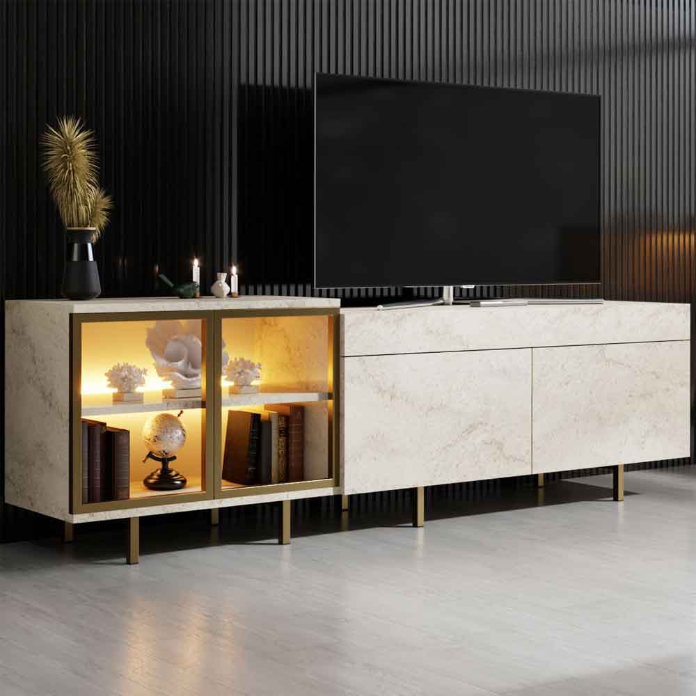 Vienna Wooden LED TV Stand with 2 Doors in Travertine Marble Effect and Gold