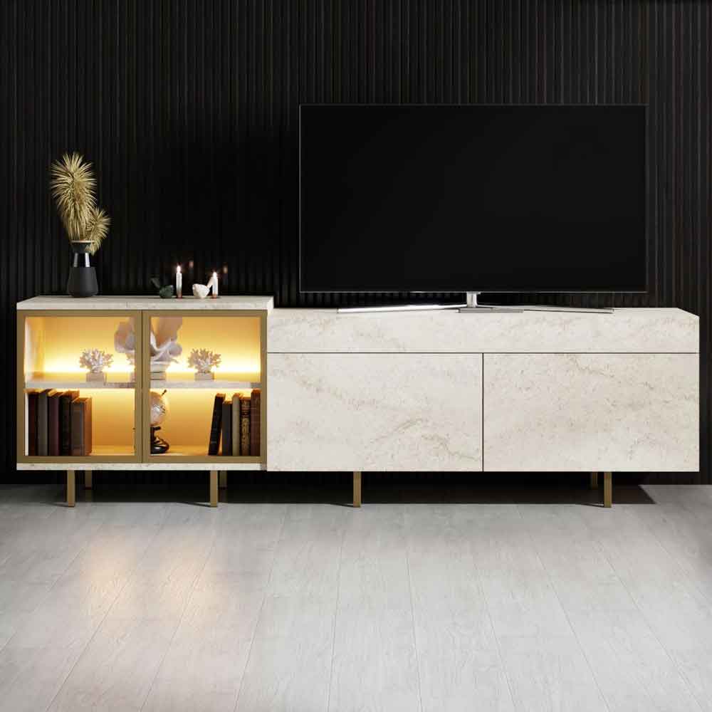Vienna Wooden LED TV Stand with 2 Doors in Travertine Marble Effect and Gold