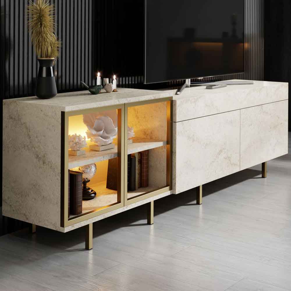 Vienna Wooden LED TV Stand with 2 Doors in Travertine Marble Effect and Gold