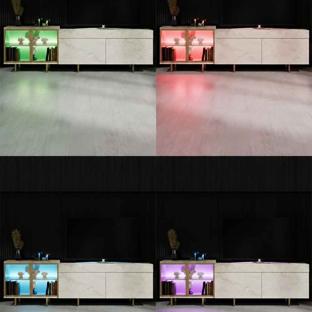 Vienna Wooden LED TV Stand with 2 Doors in Travertine Marble Effect and Gold