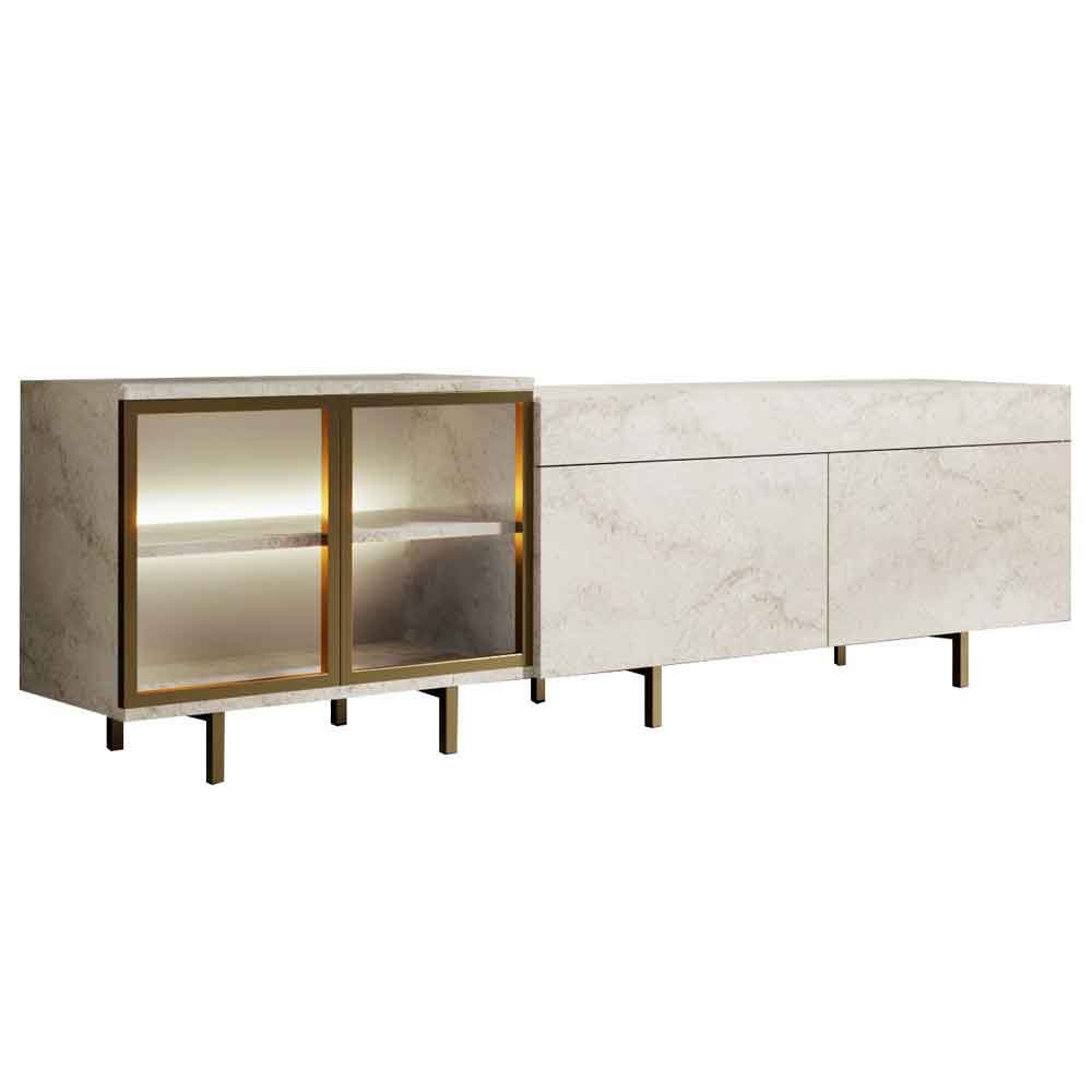 Vienna Wooden LED TV Stand with 2 Doors in Travertine Marble Effect and Gold