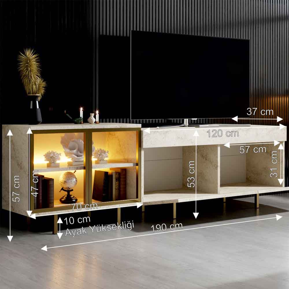 Vienna Wooden LED TV Stand with 2 Doors in Travertine Marble Effect and Gold