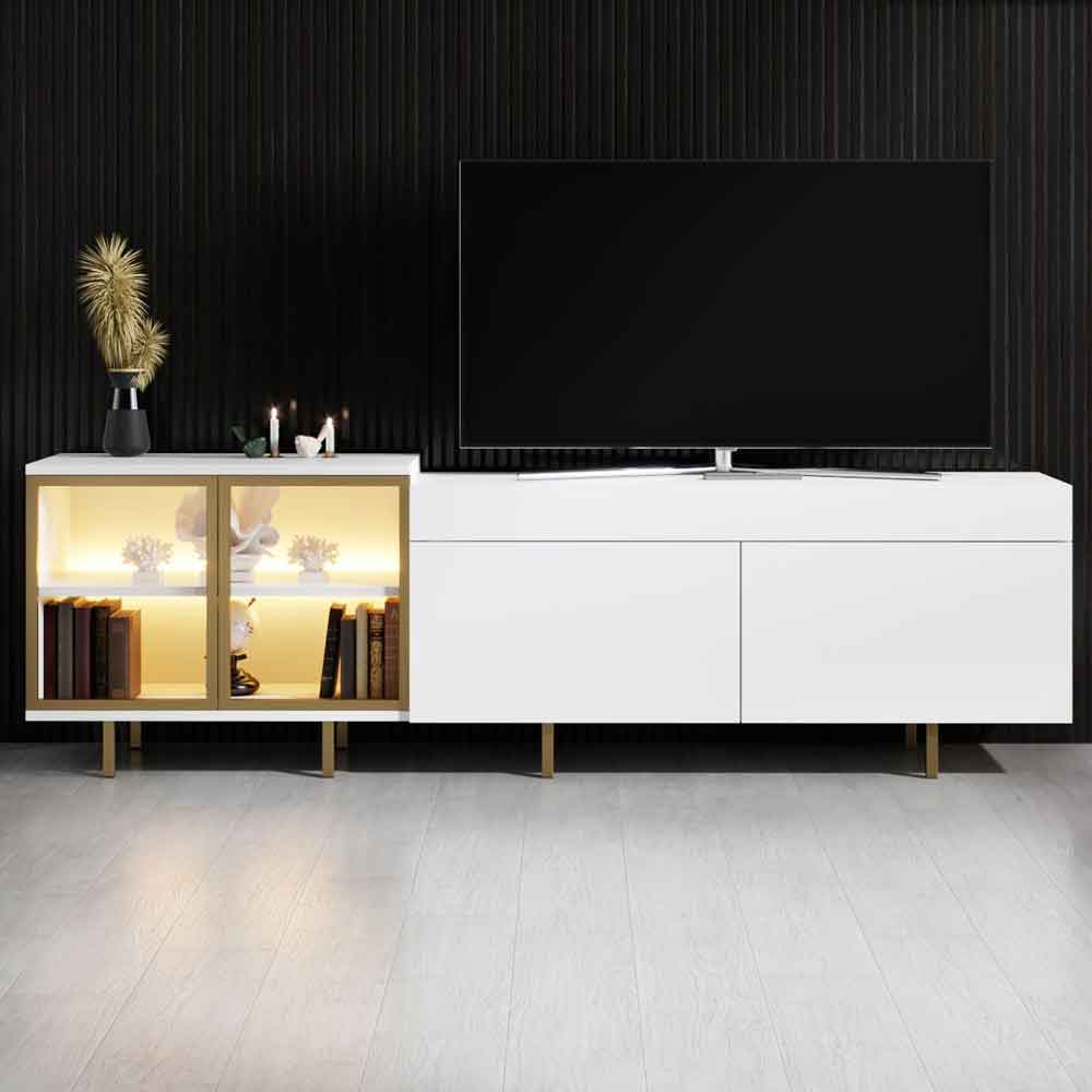 Vienna Wooden LED TV Stand with 2 Doors in White and Gold