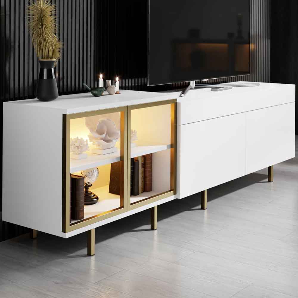 Vienna Wooden LED TV Stand with 2 Doors in White and Gold