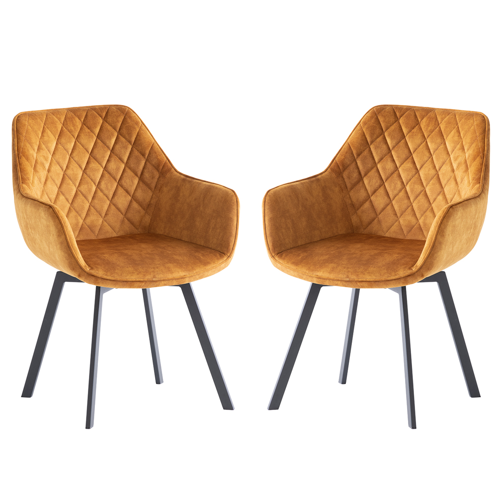 Viha Antique Gold Velvet Swivel Dining Chairs with Black Legs in Pair