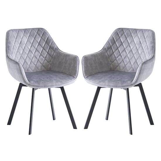 Viha Swivel Silver Velvet Dining Chairs In Pair