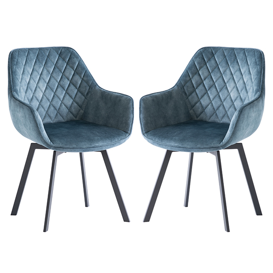 Viha Swivel Teal Velvet Dining Chairs In Pair