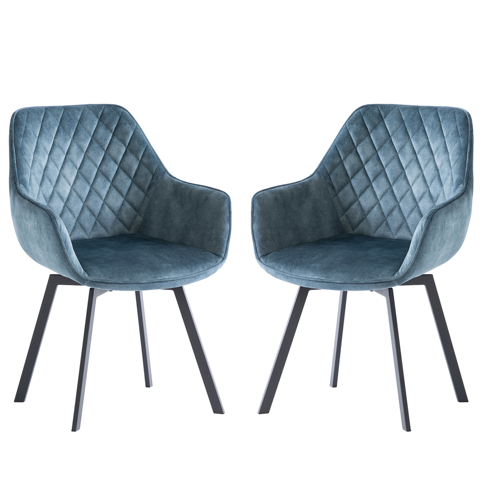 Viha Teal Velvet Swivel Dining Chairs with Black Legs in Pair