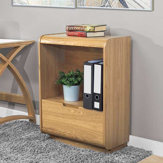 Vikena Wooden Short Bookcase In Oak With Drawer