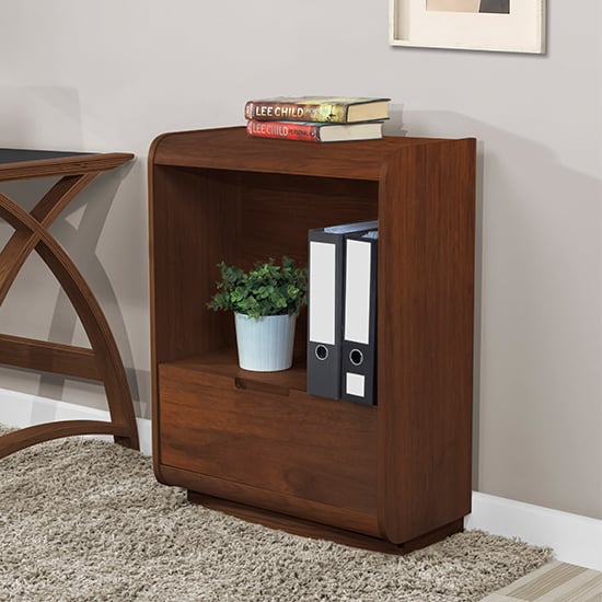 Read more about Vikena wooden short bookcase in walnut with drawer
