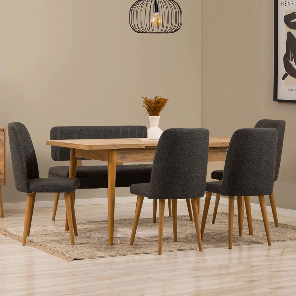 Vina Atlantic Pine Rectangular Wooden Extending Dining Table with 4 Fabric Anthracite Chairs and 1 Bench