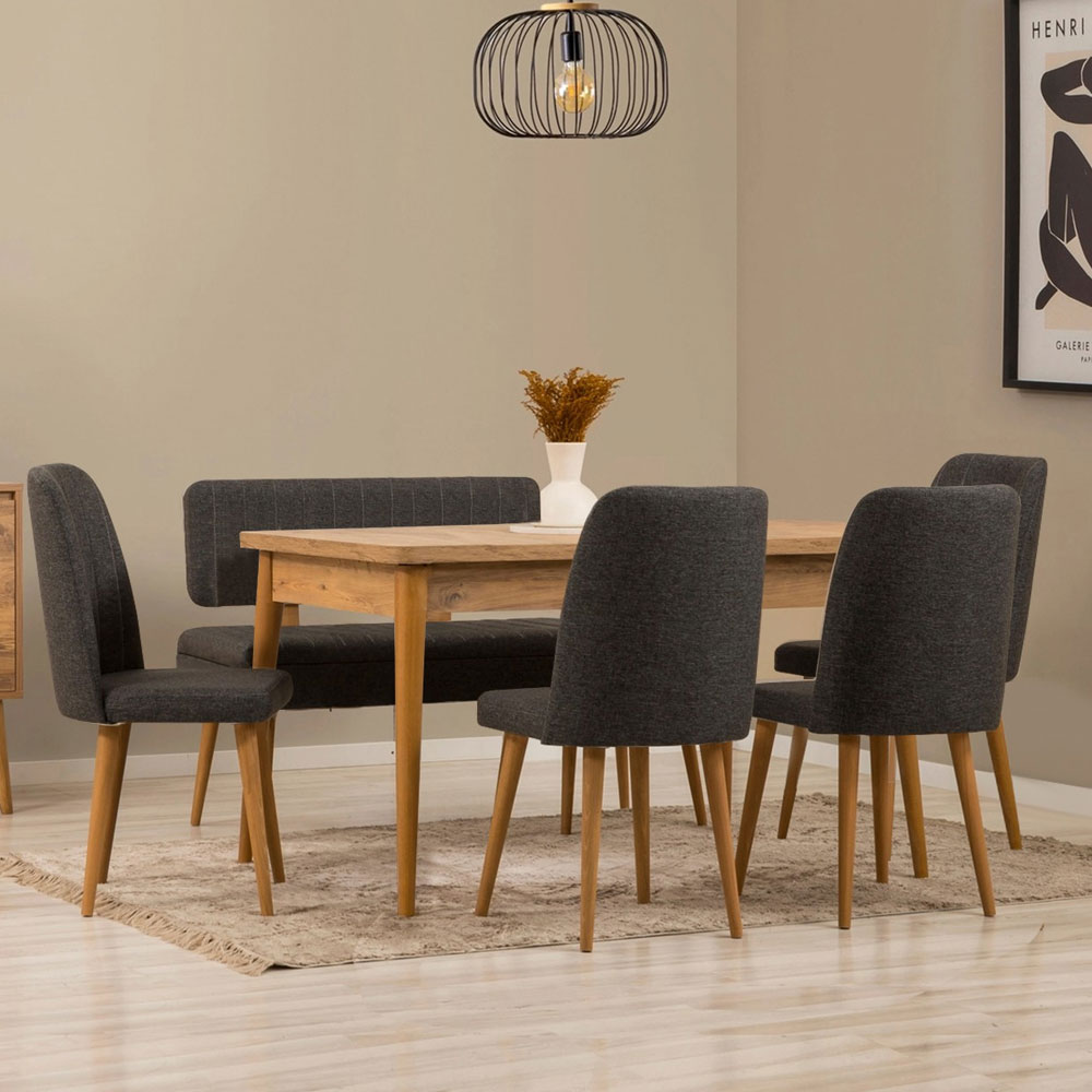 Vina Atlantic Pine Rectangular Wooden Extending Dining Table with 4 Fabric Anthracite Chairs and 1 Bench
