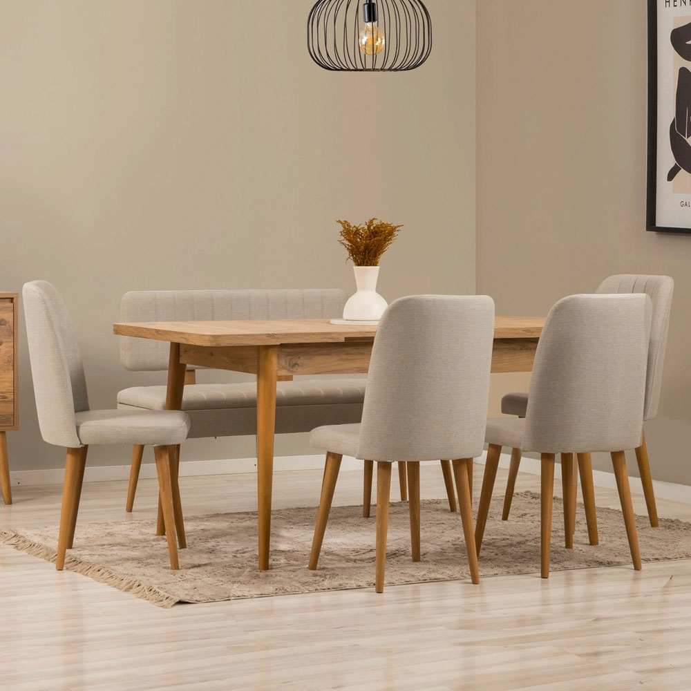 Vina Atlantic Pine Rectangular Wooden Extending Dining Table with 4 Fabric Cream Chairs and 1 Bench