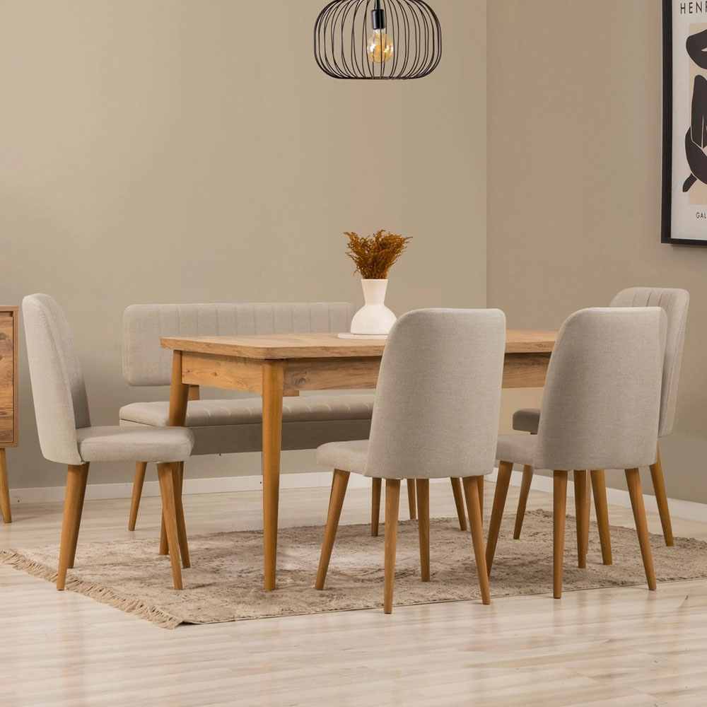 Vina Atlantic Pine Rectangular Wooden Extending Dining Table with 4 Fabric Cream Chairs and 1 Bench