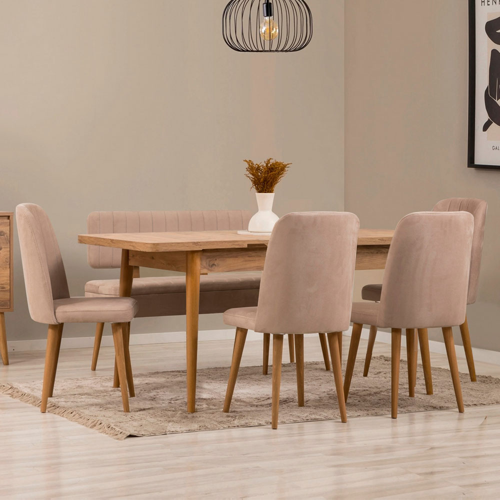 Vina Atlantic Pine Rectangular Wooden Extending Dining Table with 4 Fabric Stone Chairs and 1 Bench