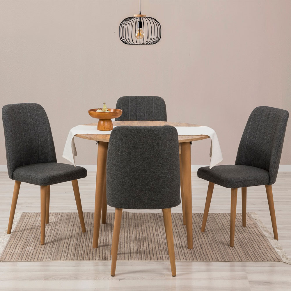 Vina Atlantic Pine Round Wooden Extending Dining Table with 4 Fabric Anthracite Chairs