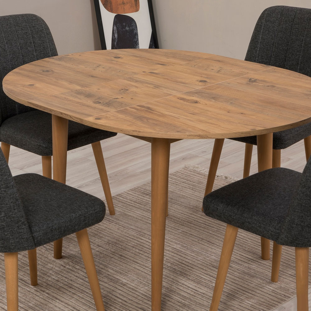 Vina Atlantic Pine Round Wooden Extending Dining Table with 4 Fabric Anthracite Chairs
