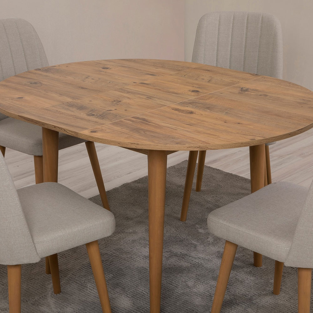 Vina Atlantic Pine Round Wooden Extending Dining Table with 4 Fabric Cream Chairs