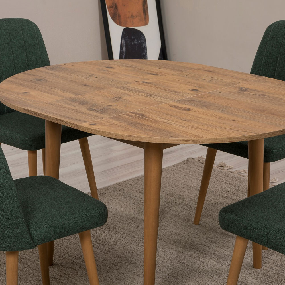 Vina Atlantic Pine Round Wooden Extending Dining Table with 4 Fabric Green Chairs