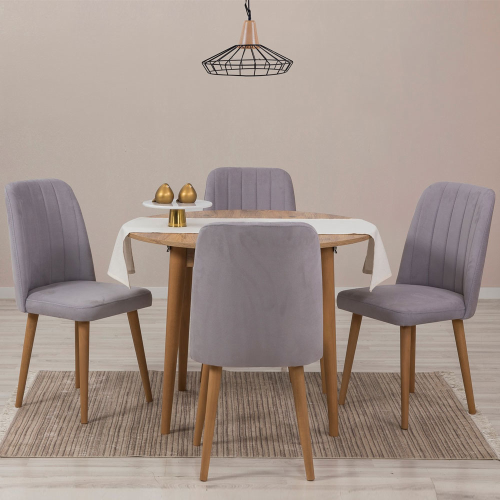 Vina Atlantic Pine Round Wooden Extending Dining Table with 4 Fabric Grey Chairs