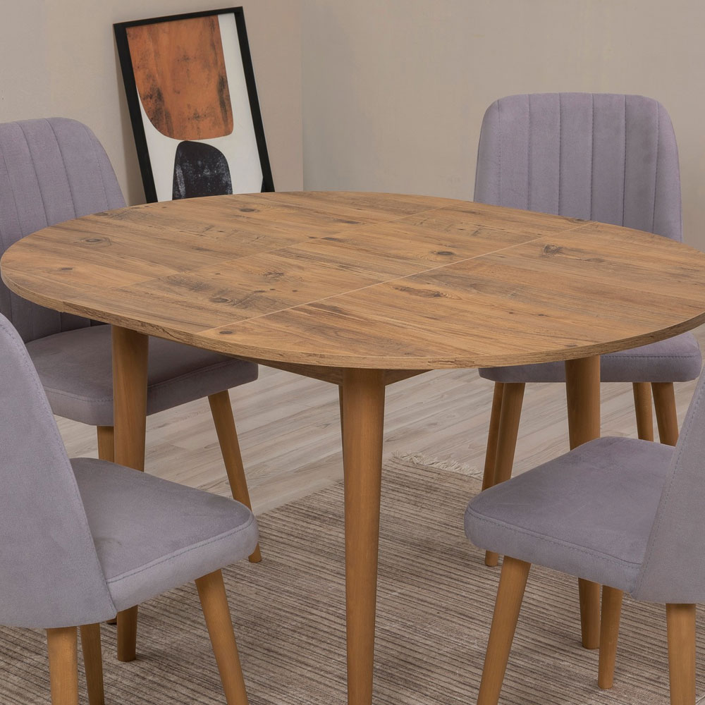 Vina Atlantic Pine Round Wooden Extending Dining Table with 4 Fabric Grey Chairs