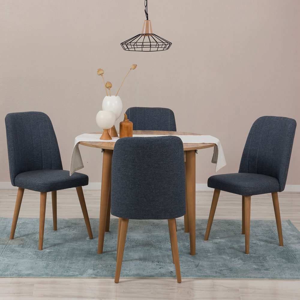 Vina Atlantic Pine Round Wooden Extending Dining Table with 4 Fabric Navy Blue Chairs