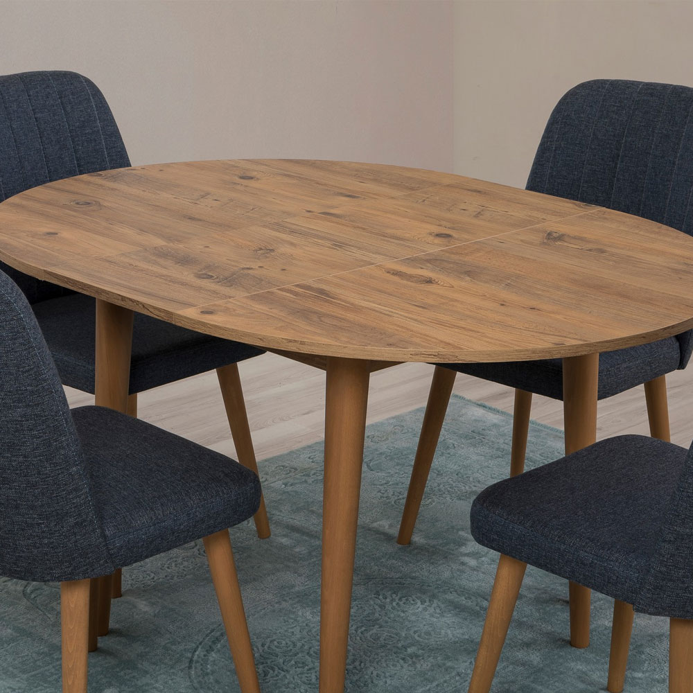 Vina Atlantic Pine Round Wooden Extending Dining Table with 4 Fabric Navy Blue Chairs