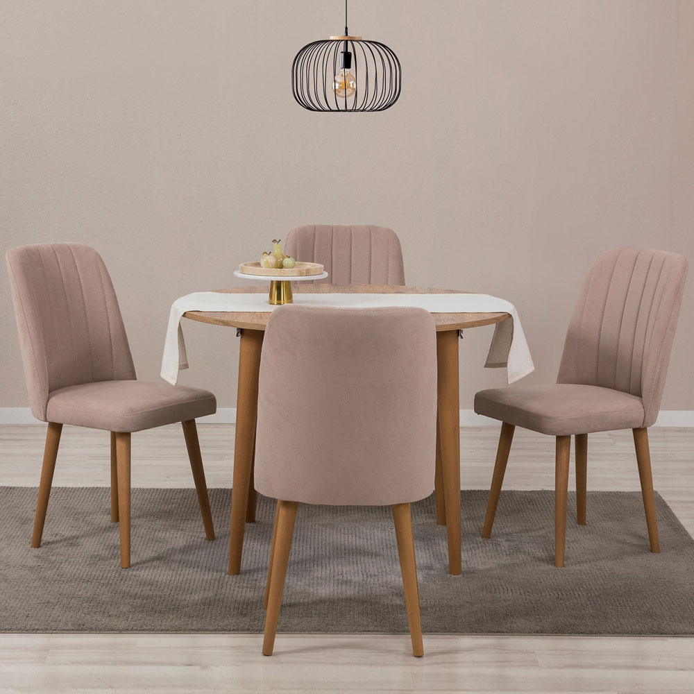 Vina Atlantic Pine Round Wooden Extending Dining Table with 4 Fabric Stone Chairs