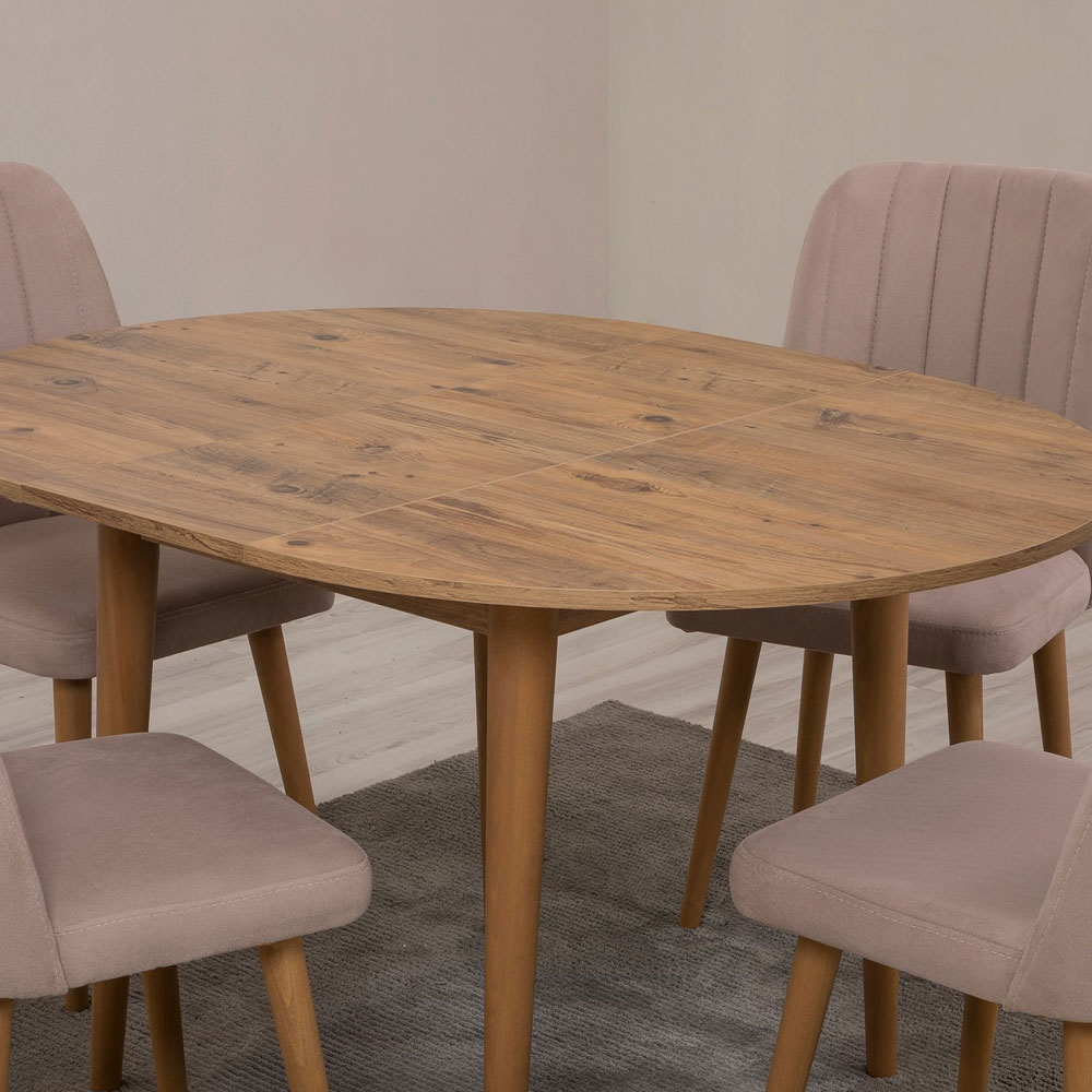 Vina Atlantic Pine Round Wooden Extending Dining Table with 4 Fabric Stone Chairs