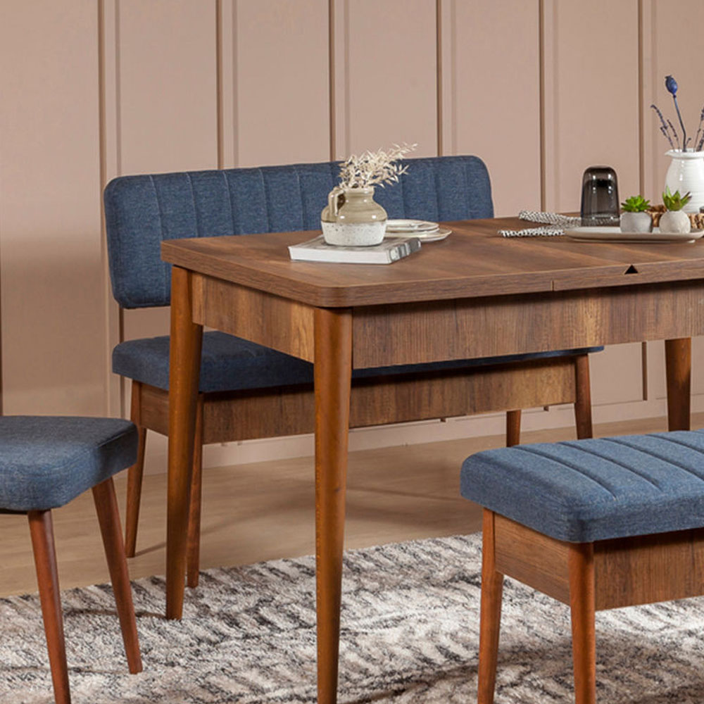 Vina Fabric Dining Bench with Walnut Wooden Frame in Dark Blue